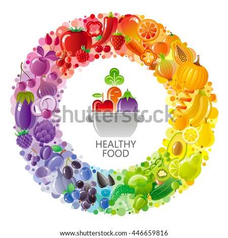 Vegetarian rainbow plate. Fruit, vegetable, nut, berry icons. Contains broccoli, strawberry, apple, cherry, pumpkin. Cooking logo for farmers market, dieting, restaurant menu, thanksgiving harvest