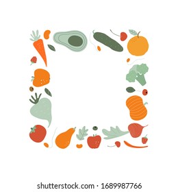 Vegetarian and raw food diet concept. Colorful frame with copy space for text. Flat vector illustration on white background. 