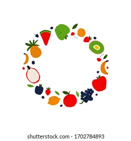Vegetarian and raw food diet concept. Colorful card for print or web design with fruits and copy space for text. Flat vector illustration. 