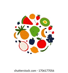 Vegetarian and raw food diet concept. Colorful card for print or web design with fruits and seeds. Flat vector illustration. 