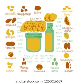 Vegetarian raw organic Butter and Oil  hand drawn vector design. Illustration made in doodle style. Set of food objects for package, merch and other design.