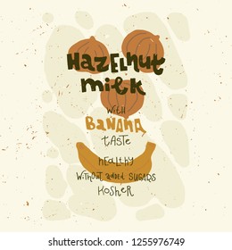 Vegetarian raw organic Hazelnut milk  hand drawn vector premade design. Illustration made in doodle 
style. Set of objects for package, merch and other design.