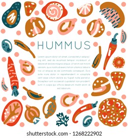 Vegetarian raw organic Hummus hand drawn square frame. Vector handdrawn isolated square concept. Illustration made in doodle style. Set of food objects for package, merch and other design.