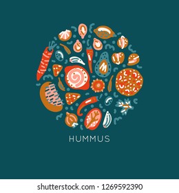Vegetarian raw organic Hummus hand drawn round frame. Vector handdrawn isolated circle concept. Illustration made in doodle style. Set of food objects for package, merch and other design.