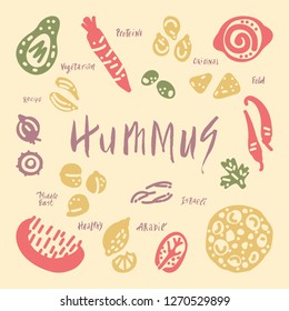 Vegetarian raw organic Hummus hand drawn vector design. Illustration made in doodle 
style. Set of food objects for package, merch and other design.