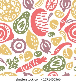 Vegetarian raw organic Hummus hand drawn vector seamless background. Illustration made in doodle style. Set of food objects for package, merch and other design.