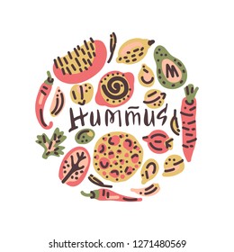 Vegetarian raw organic Hummus hand drawn round frame. Vector handdrawn isolated circle concept. Illustration made in doodle style. Set of food objects for package, merch and other design.