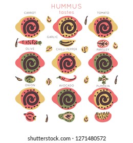 Vegetarian raw organic Hummus hand drawn vector design. Illustration made in doodle style. Set of food objects for package, merch and other design. Set of Hummus bowls with different tastes.