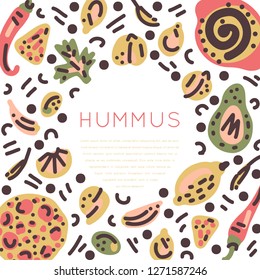 Vegetarian raw organic Hummus hand drawn round frame. Vector handdrawn isolated circle concept. Illustration made in doodle style. Set of food objects for package, merch and other design.