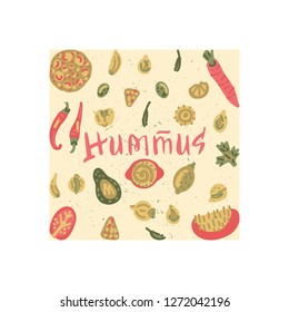 Vegetarian raw organic Hummus hand drawn square frame. Vector handdrawn isolated square concept. Illustration made in doodle style. Set of food objects for package, merch and other design.
