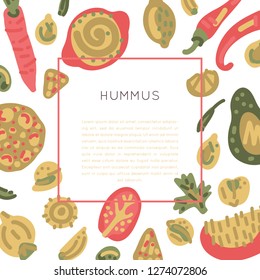 Vegetarian raw organic Hummus hand drawn square frame. Vector handdrawn isolated square concept. Illustration made in doodle style. Set of food objects for package, merch and other design.