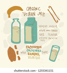 Vegetarian raw organic milk  hand drawn vector elements. Illustration made in doodle 
style. Set of food objects for package, merch and other design.