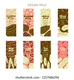 Vegetarian raw organic milk  hand drawn vector premade design. Illustration made in doodle 
style. Set of objects for package, merch and other design.