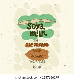 Vegetarian raw organic Soya  milk  hand drawn vector premade design. Illustration made in doodle 
style. Set of objects for package, merch and other design.