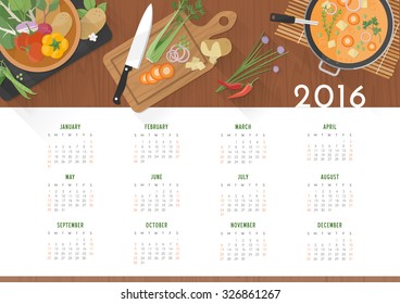 Vegetarian recipes calendar 2016, vegetables and kitchen utensils on wooden worktop, top view