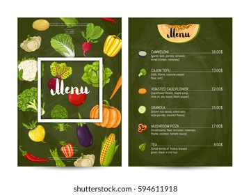 Vegetarian restaurant food menu design vector illustration. Vegan cafe, price catalog of vegetarian nutrition, organic food, healthy diet. Menu template with carrot, eggplant, cabbage, tomato, radish