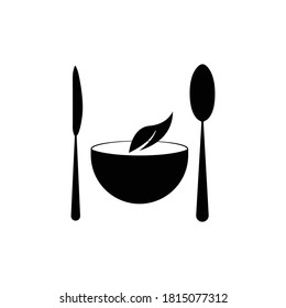 Vegetarian restaurant icon. spoon, knife, leaf icon on top of bowl. Design template vector