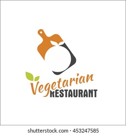 Vegetarian restaurant logo with kitchen cutting board and orange