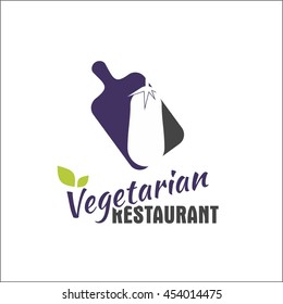 Vegetarian restaurant logo with kitchen cutting board and eggplant