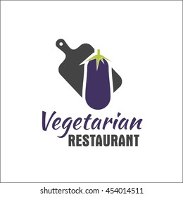 Vegetarian restaurant logo with kitchen cutting board and eggplant