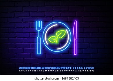 Vegetarian restaurant logo. Neon sign, vegan symbol, bright luminous sign, neon night advertising on the theme Vegetarian food, healthy organical food, vegetables, fruits. Vector illustration