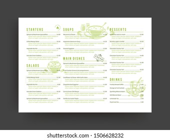 Vegetarian restaurant menu layout design brochure or food flyer template vector illustration. Modern clean typographic decoration elements and veggie healthy organic food graphics.