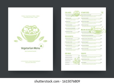 Vegetarian restaurant menu layout design brochure or food flyer template vector illustration. Modern clean typographic decoration elements and veggie healthy organic food graphics.