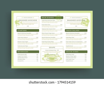 Vegetarian restaurant menu layout design brochure or food flyer template vector illustration. Modern clean typographic decoration elements and veggie healthy organic food graphics.