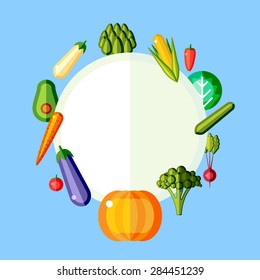 Vegetarian round frame of vegetables. Flat vector illustration.