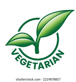 Vegetarian Round Icon with 2 Engraved Green Leaves isolated on a White Background