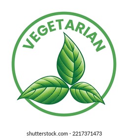 Vegetarian Round Icon with 3 Shaded Engraved Green Leaves isolated on a White Background
