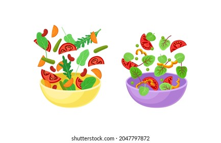 Vegetarian Salad with Dropping in Bowl Ingredient Mix Vector Set