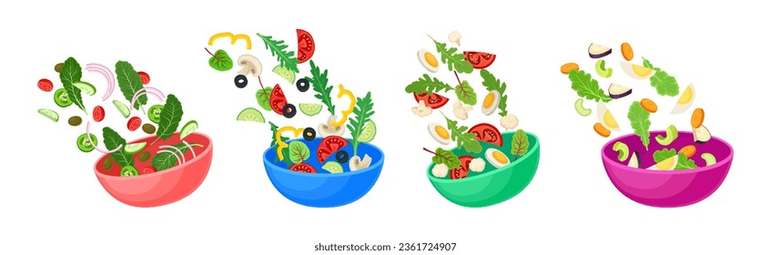 Vegetarian Salad with Dropping in Bowl Ingredient Mix Vector Set