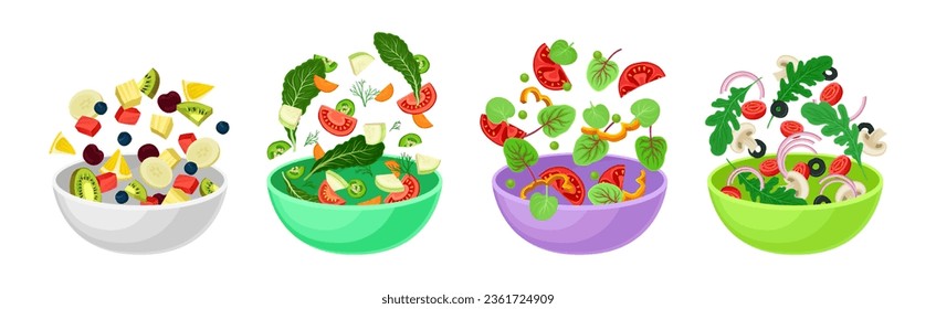 Vegetarian Salad with Dropping in Bowl Ingredient Mix Vector Set