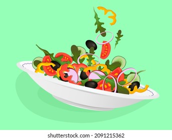Vegetarian salad plate with onion, radish, cucumber, olive, tomato, arugula on a green background