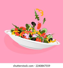 Vegetarian salad plate with onion, radish, cucumber, olive, tomato, arugula on a pink background vector