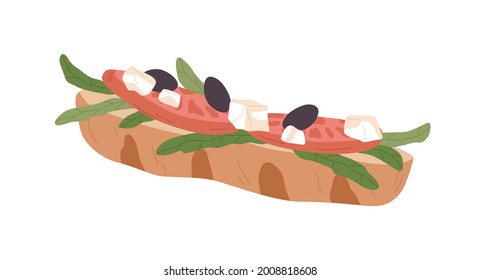 Vegetarian sandwich with fresh vegetables and baguette. Healthy fast food. Snack with tomato slices, black olives, arugula and mozzarella cheese. Flat vector illustration isolated on white background