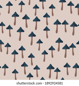 Vegetarisches nahtloses Lebensmittelmuster mit blauen Pilzverzierungen. Lilac Hintergrund. Ideal für Stoffdesign, Stoffdruck, Umhüllung, Abdeckung. Vektorgrafik.