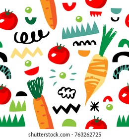 Vegetarian seamless pattern with carrot, tomato, radish, green peas, abstract elements. Colorful modern background. Vegetables isolated on white background.