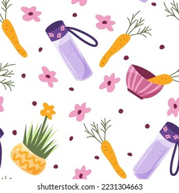 Vegetarian seamless pattern with carrots, flowers and other. Funny cartoon style.