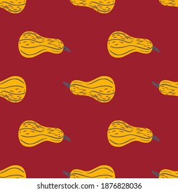 Vegetarisches nahtloses Vegie-Muster mit orangefarbenen Kürbisformen. Maronischer Hintergrund. Perfekt für Stoffdesign, Stoffdruck, Umhüllung, Cover. Vektorgrafik