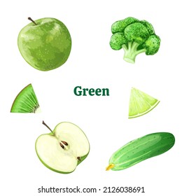 Vegetarian set of green fruits and vegetables in cartoon style. Vector Illustration. 