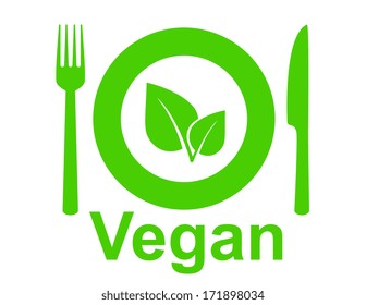 vegetarian sign with leaf, fork, knife and plate