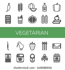 vegetarian simple icons set. Contains such icons as Hot pepper, Fruits, Peas, Chicha de frutilla, Watermelon, Pomegranate, Balsamic vinegar, can be used for web, mobile and logo