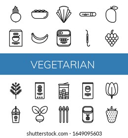 vegetarian simple icons set. Contains such icons as Beet, Corn, Pistachio, Banana, Salad, Peas, Mint, Pick, Mango, Grapes, Dill, Smoothie, can be used for web, mobile and logo