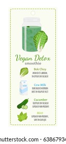 Vegetarian smoothie on label. Recipe of detox drink. Made in cartoon flat style.