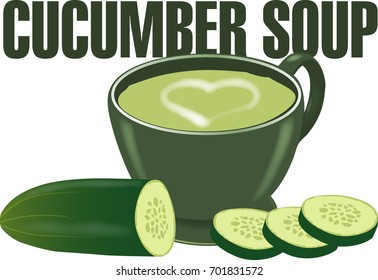 Vegetarian soup.
In a bowl a cucumber soup with heart-shaped cream. Around the bowl a cut cucumber and several slices of cucumber on a white background.