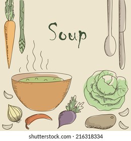 Vegetarian soup and vegetables. A healthy diet. Space for text.