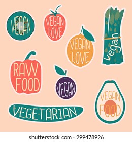 Vegetarian sticker set. Raw vegetables and fruits. Healthy nutrition. Cartoon design.
