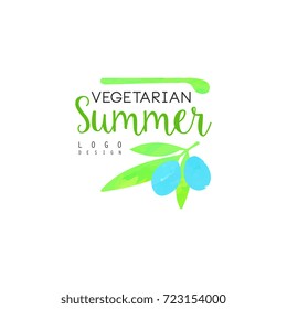 Vegetarian summer logo design, element for healthy food and drinks, vegan restaurant and bar menu, organic products, watercolor vector Illustration